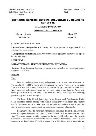 Première page de Anglais 3e, 3e ML — 2e devoir surveillé, 2e semestre (2020-2021) · CEG Kouhounou-Vêdoko