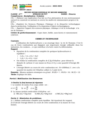 Première page de PCT 4e — 2e devoir surveillé, 2e semestre (2022-2023) · CEG SEKERE