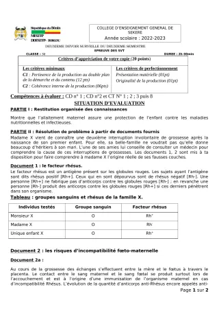 Première page de SVT 3e — 2e devoir surveillé, 2e semestre (2022-2023) · CEG SEKERE