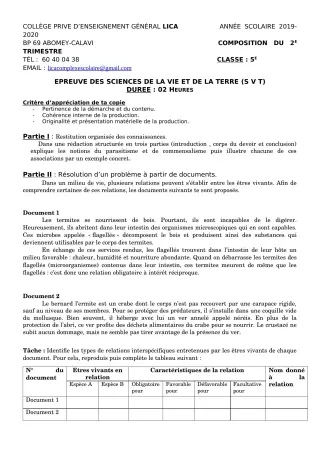 Première page de SVT 5e — Composition, 1er trimestre (2019-2020) · CPEG LICA
