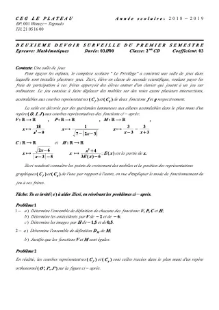 Première page de Mathématiques 2nde C — 2e devoir surveillé, 1er semestre (2018-2019) · CEG Le Plateau