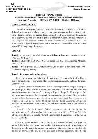 Première page de Français 1ère A2, 1ère B, 1ère C, 1ère D — 1re évaluation sommative, 2e semestre (2020-2021) · CEG Dantokpa
