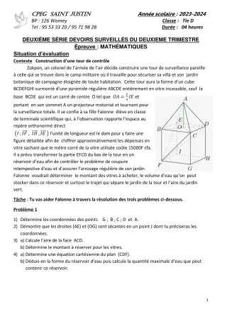 Première page de Mathématiques Tle D — 2e devoir surveillé, 2e trimestre (2023-2024) · CPEG SAINT Justin