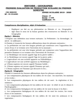 Première page de Histoire-Géographie 6e — 1re production scolaire, 1er semestre (2019-2020) · CEG SEHOUE