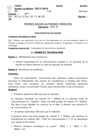 Première page de PCT 3e — 1er devoir surveillé, 1er trimestre (2023-2024) · CPEG SAINT Justin