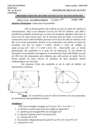 Première page de Mathématiques 3e — 1er devoir surveillé, 2e semestre (2018-2019) · CEG Les Pylônes