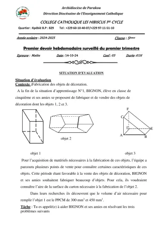 Première page de Mathématiques 5e — 1er devoir surveillé, 1er trimestre (2024-2025) · Hibiscus 1er cycle