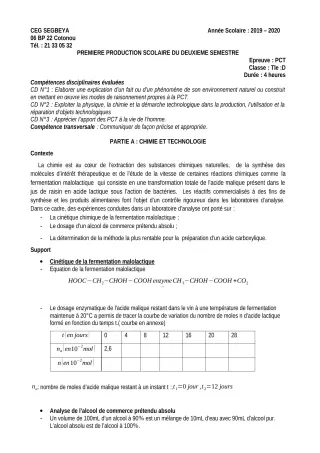 Première page de PCT Tle D — 1re production scolaire, 2e semestre (2019-2020) · CEG SEGBEYA