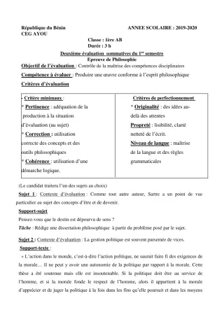 Première page de Philosophie 1ère A & B — 2e évaluation sommative, 1er semestre (2019-2020) · CEG AYOU