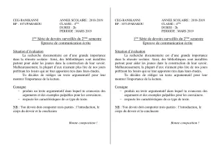 Première page de Français 4e, 4e ML — 1er devoir surveillé, 2e semestre (2018-2019) · CEG Banikanni