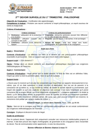 Première page de Philosophie 1ère A, 1ère B — 2e devoir surveillé, 1er trimestre (2019-2020) · CPEG LE PHARAON