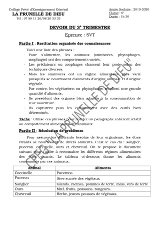 Première page de SVT 6e — 3e devoir surveillé, 3e trimestre (2019-2020) · CEPG La Prunelle de Dieu
