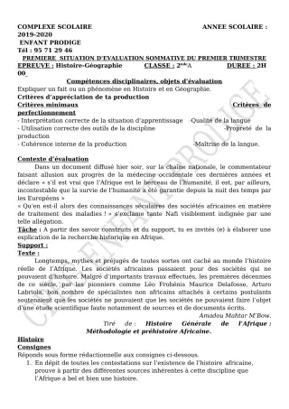 Première page de Histoire-Géographie 2nde A2 — Évaluation sommative, 1er trimestre (2019-2020) · CPEG ENFANT PRODIGE