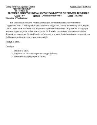 Première page de Français 4e — Évaluation sommative, 1er trimestre (2022-2023) · CPEG ENFANT PRODIGE