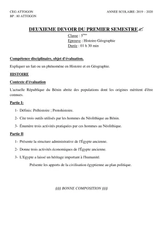 Première page de Histoire-Géographie 5e — Composition, 1er semestre (2019-2020) · CEG Attogon