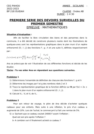 Première page de Mathématiques 2nde A2, 2nde B — 1er devoir surveillé, 1er semestre (2022-2023) · CEG PAHOU