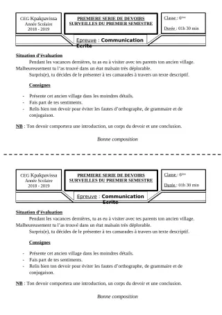 Première page de Français 6e, 5e, 4e ML&MC, 3e, 3e ML — 1er devoir surveillé, 1er semestre (2018-2019) · CEG Kpakpavissa
