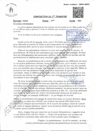 Première page de Français 3e, 3e ML — 2e composition, 1er trimestre (2021-2022) · CPEG ROSAIRE