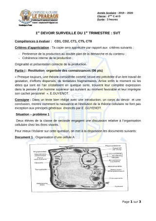 Première page de SVT 2nde C, 2nde D — 1er devoir surveillé, 1er trimestre (2019-2020) · CPEG LE PHARAON
