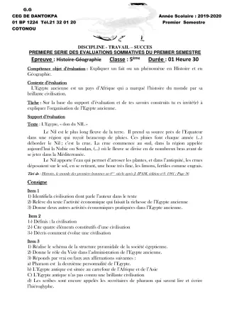 Première page de Histoire-Géographie 5e — 1re évaluation sommative, 1er semestre (2019-2020) · CEG Dantokpa