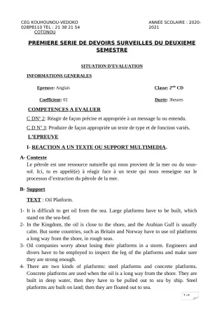 Première page de Anglais 2nde C, 2nde D — 1er devoir surveillé, 2e semestre (2020-2021) · CEG Kouhounou-Vêdoko