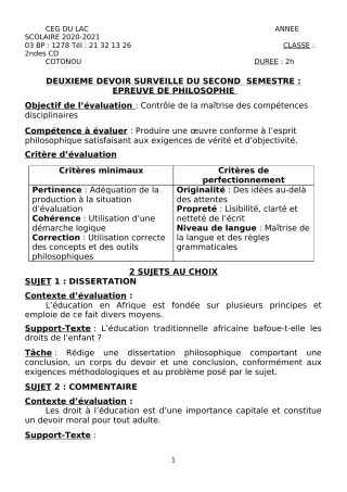 Première page de Philosophie 2nde C, 2nde D — 2e devoir surveillé, 2e semestre (2020-2021) · CEG du Lac
