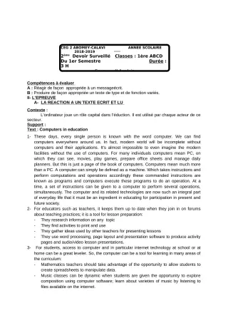 Première page de Anglais 1ère A1, 1ère A2, 1ère B, 1ère C, 1ère D — 2e devoir surveillé, 1er semestre (2018-2019) · CEG2 ABOMEY - CALAVI (CEG ZOCA)