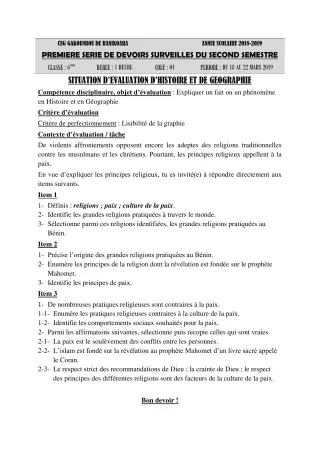 Première page de Histoire-Géographie 6e — 1er devoir surveillé, 2e semestre (2018-2019) · CEG Gakounrou