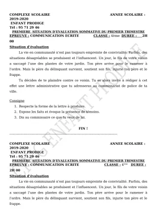 Première page de Français 4e, 4e ML — Évaluation sommative, 1er trimestre (2019-2020) · CPEG ENFANT PRODIGE