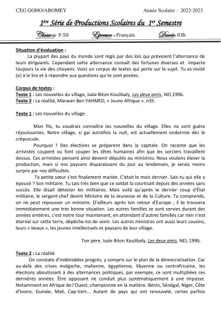 Première page de Français 2nde A2, 2nde D — 1re production scolaire, 1er semestre (2022-2023) · CEG GOHO