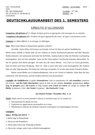 Première page de Devoir surveillé de ALLEMAND — 3e ML — CEG FIYEGNON (2019)