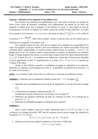 Première page de Mathématiques Tle D — Évaluation sommative, 2e semestre (2018-2019) · CEG Hubert C. MAGA