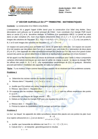 Première page de Mathématiques Tle C — 1er devoir surveillé, 2e trimestre (2019-2020) · CPEG LE PHARAON