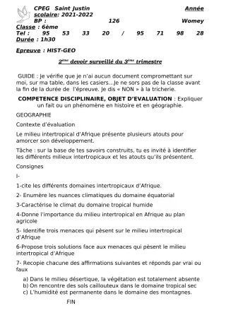 Première page de Histoire-Géographie 6e, 2nde A2, 2nde B, 2nde D — 2e devoir surveillé, 3e trimestre (2021-2022) · CPEG SAINT Justin