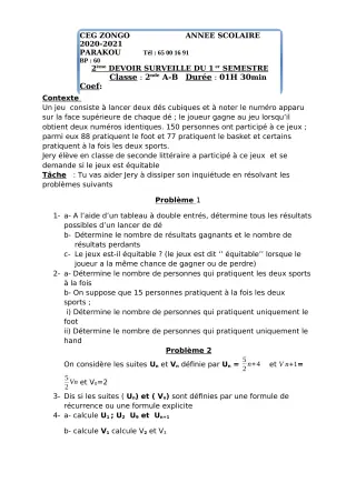 Première page de Mathématiques 2nde A, 2nde B — 2e devoir surveillé, 1er semestre (2020-2021) · CEG ZONGO