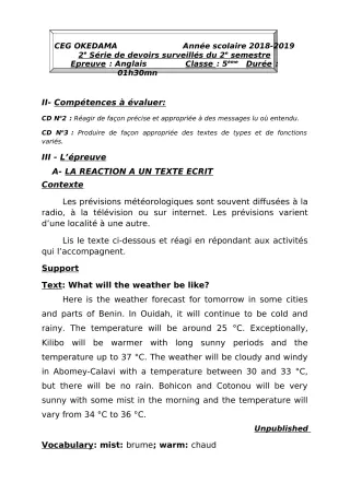 Première page de Anglais 5e — 2e devoir surveillé, 2e semestre (2018-2019) · CEG OKEDAMA