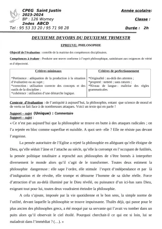 Première page de Philosophie 2nde A2, 2nde B, 2nde C, 2nde D — 2e devoir surveillé (2023-2024) · CPEG SAINT Justin