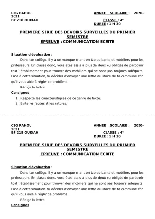 Première page de Français 4e — 1er devoir surveillé, 1er semestre (2020-2021) · CEG PAHOU