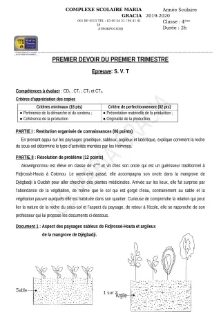 Première page de SVT 4e — 1er devoir surveillé, 1er trimestre (2019-2020) · CPEG MARIA GRACIA