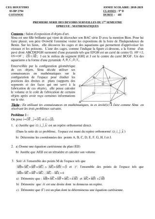 Première page de Mathématiques Tle D — 1er devoir surveillé, 1er semestre (2018-2019) · CEG HOUEYIHO