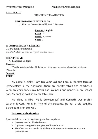 Première page de Anglais 6e — 1er devoir surveillé, 1er semestre (2018-2019) · Lycée Houegbadja d'Abomey (Ex Mafory Bangoura)