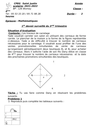 Première page de Mathématiques 4e — 1er devoir surveillé, 3e trimestre (2021-2022) · CPEG SAINT Justin