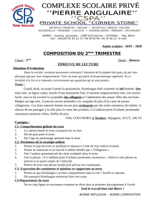 Première page de Français 5e — Composition, 2e trimestre (2019-2020) · CPEG PIERRE ANGULAIRE