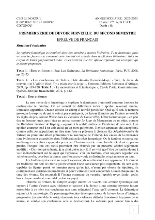 Première page de Français 1ère A1, 1ère A2, 1ère B, 1ère C, 1ère D — 1er devoir surveillé, 2e semestre (2022-2023) · CEG LE NOKOUE