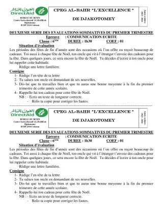 Première page de Français 6e, 5e — 2e évaluation sommative, 1er trimestre (2023-2024) · CPEG L'EXCELLENCE
