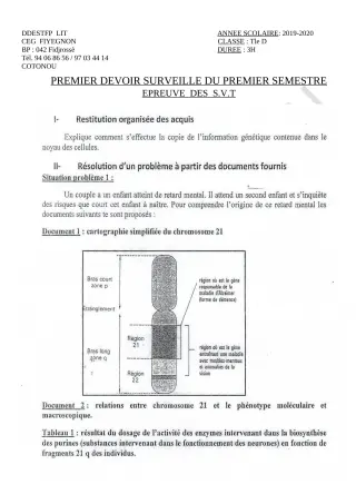 Première page de SVT Tle D — 1er devoir surveillé, 1er semestre (2019-2020) · CEG FIYEGNON