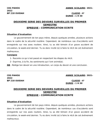 Première page de Français 6e — 2e devoir surveillé, 1er semestre (2021-2022) · CEG PAHOU