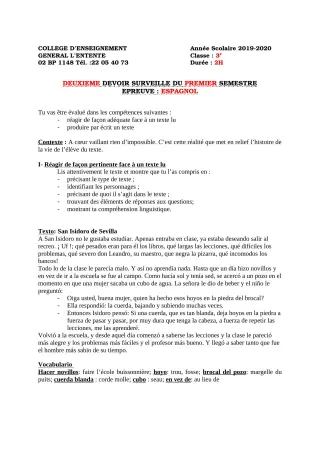Première page de Espagnol 3e ML — 2e devoir surveillé, 1er semestre (2019-2020) · CEG L'Entente