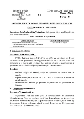Première page de Histoire-Géographie Tle A1, Tle A2, Tle B — 1er devoir surveillé, 1er semestre (2021-2022) · CEG Kouhounou-Vêdoko