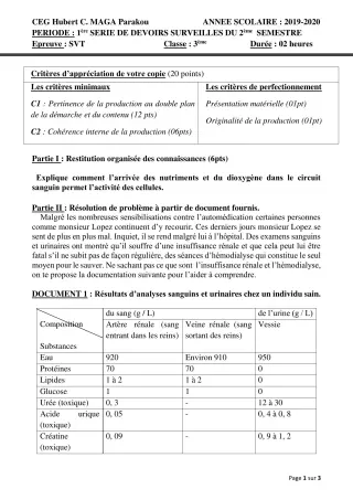 Première page de SVT 3e, 3e ML — 1er devoir surveillé, 2e semestre (2019-2020) · CEG Hubert C. MAGA